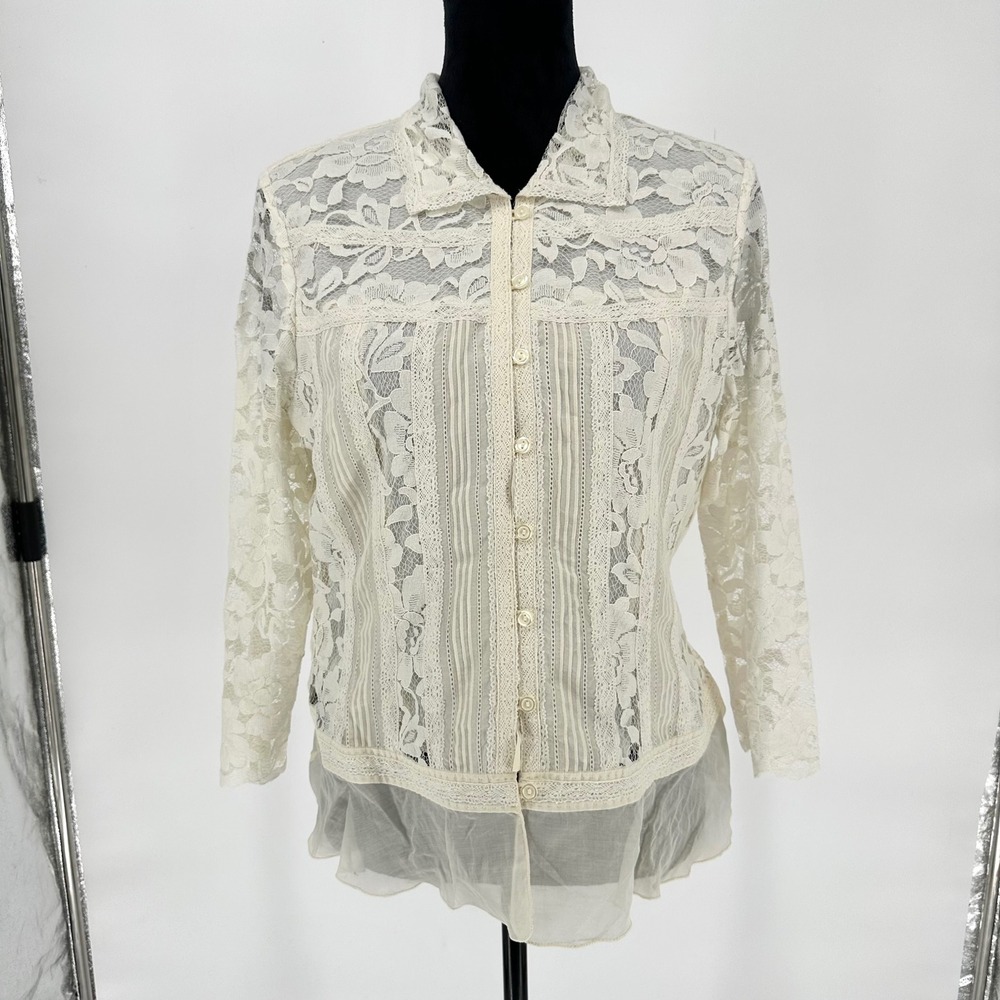 Coldwater Creek Ivory Lace Feminine Boho‎ Button Up Blouse 3/4 Sleeve Women's M